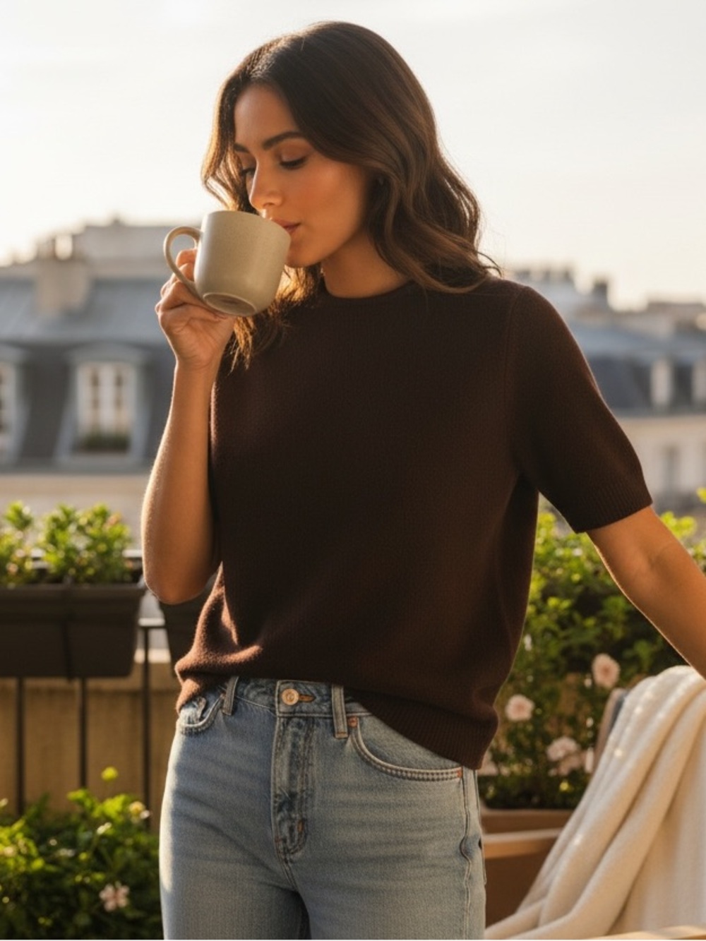 Zara Wool Classic Roll Neck Short-Sleeve Top in Dark Brown